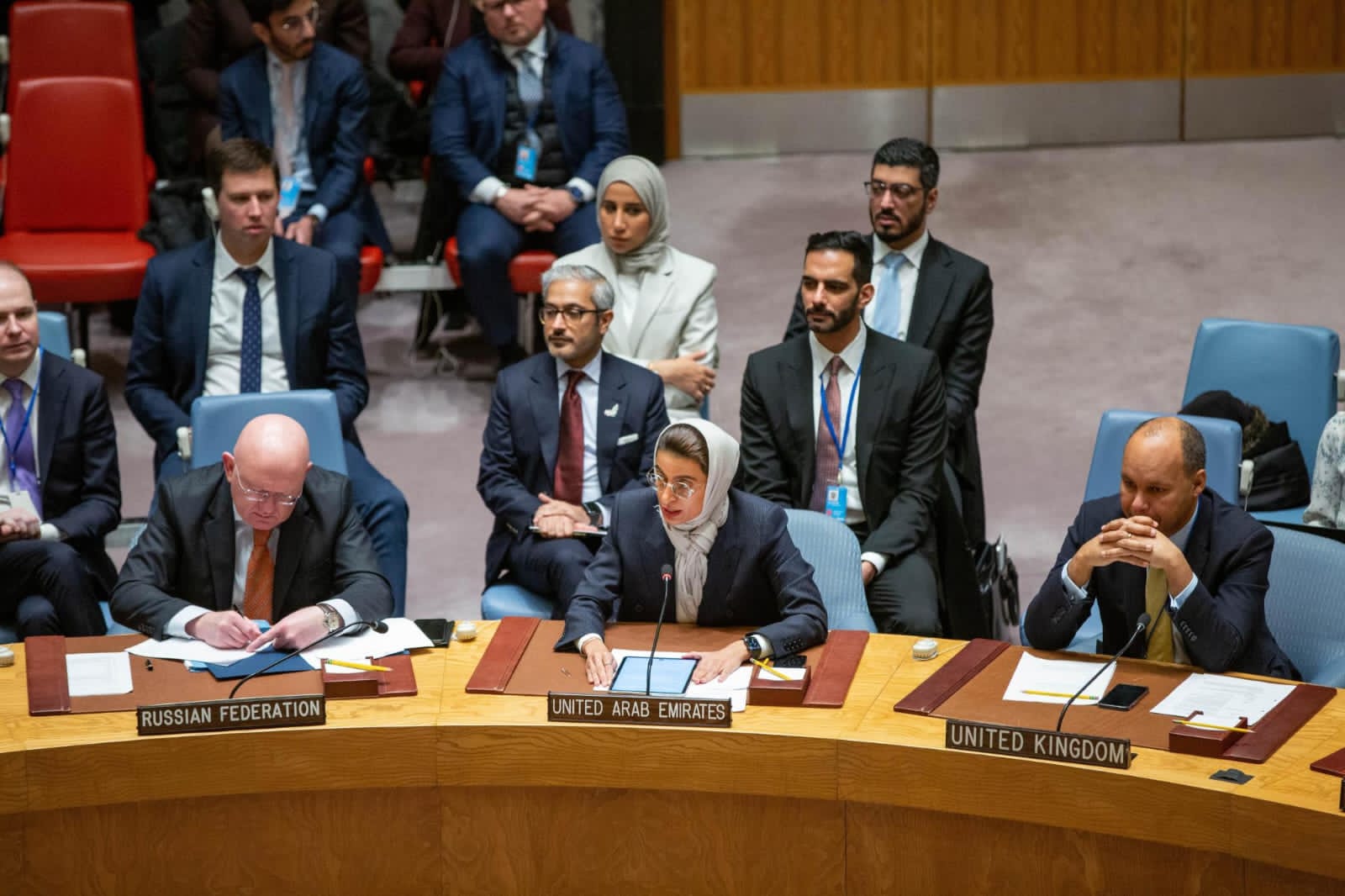 <strong>نورة الكعبي تلقي بيان الدولة في مجلس الأمن بشأن الأخطار المهددة للسلم والأمن الدوليين</strong><strong></strong>